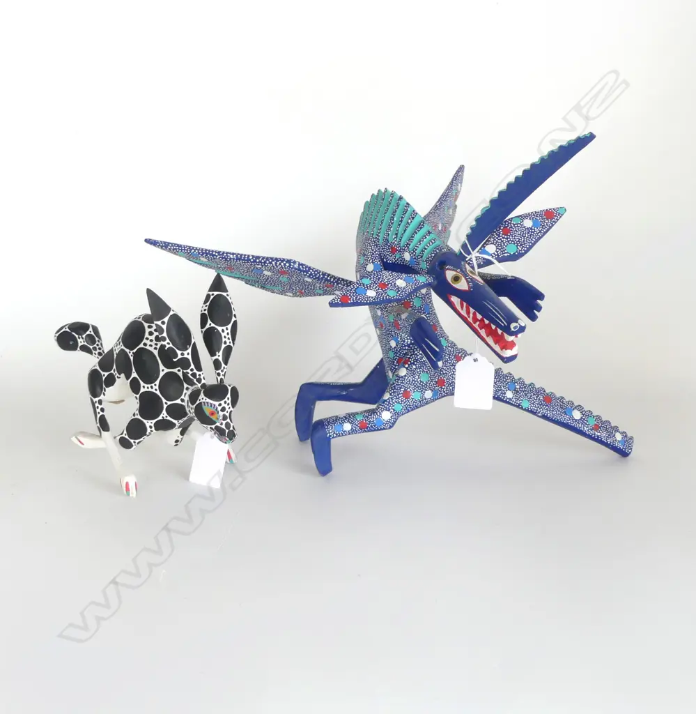 2 MEXICAN ALEBRIJIE DREAM CREATURES brightly painted 1 horn missing H.250mm tallest Image 1++