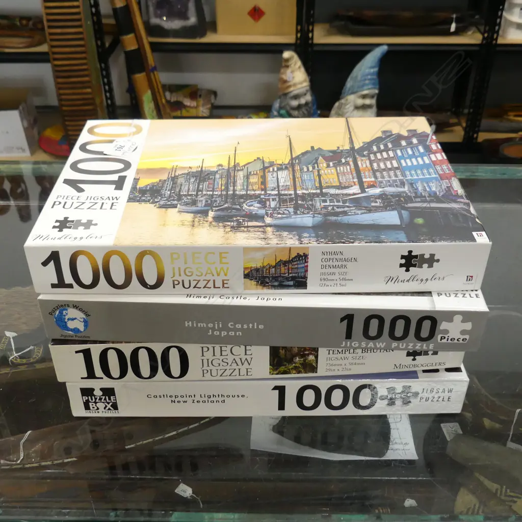 FOUR 1000PC PUZZLES – COPENHAGEN, TEMPLE BHUTAN, CASTLE JAPAN, CASTLEPOINT NZ Image 1++