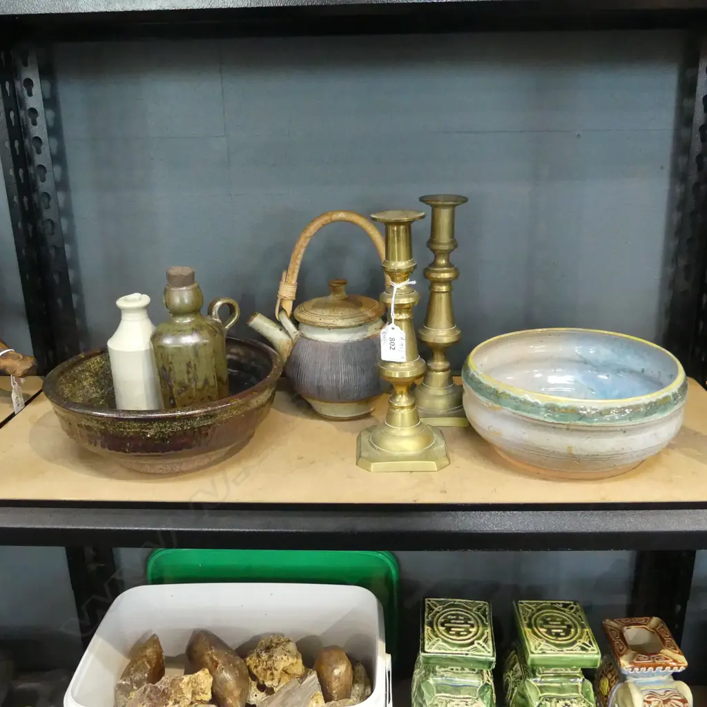5 PCES POTTERY; PETER STICHBURY TEAPOT, 2 BOWLS 215mm dia, 2 BOTTLES + PR BRASS CANDLESTICKS H.240mm Image 1++