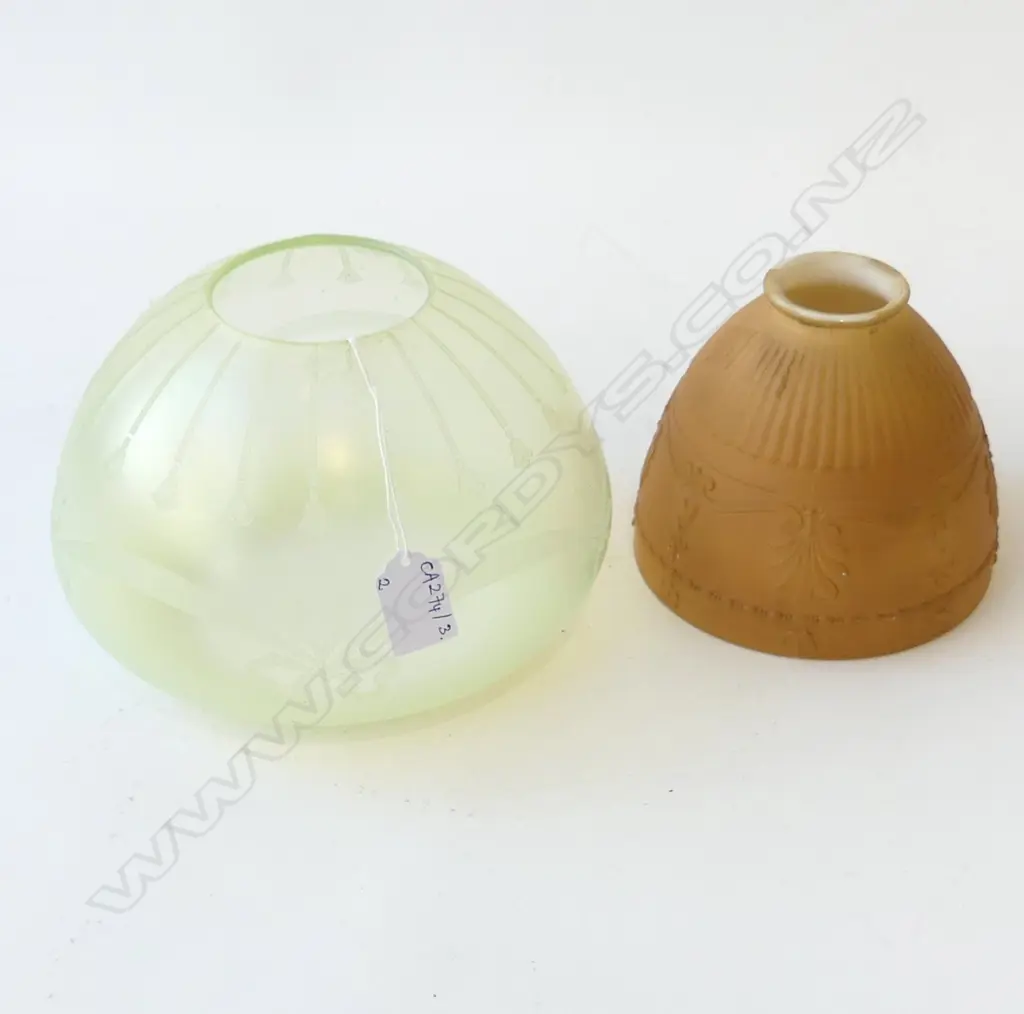 2 ANTIQUE LIGHT FITTINGS, VASELINE GLASS & OTHER 200mm dia Image 1++