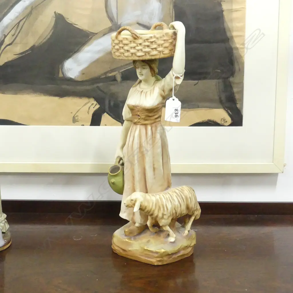 AUSTRIAN AMPHORA FIGURE YOUNG COUNTRY WOMAN W sheep basket & jug H.370mm Image 1++