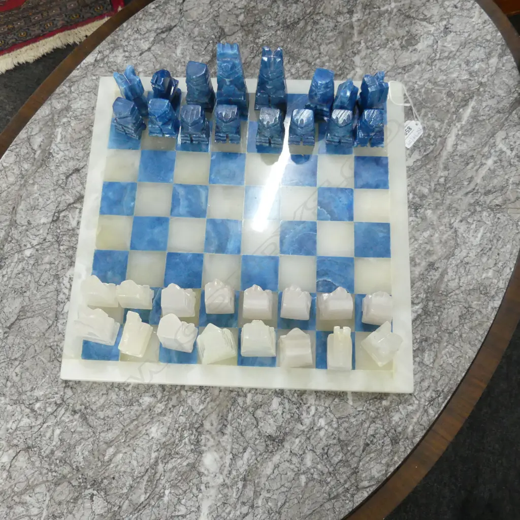 BLUE & WHITE ONYX CHESS SET 360x360mm Image 1++