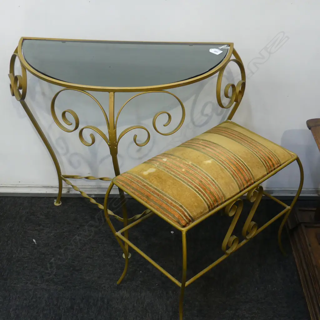 DEMI LUNE GLASS TOPPED SIDE TABLE AND METAL STOOL L500mm Image 1++