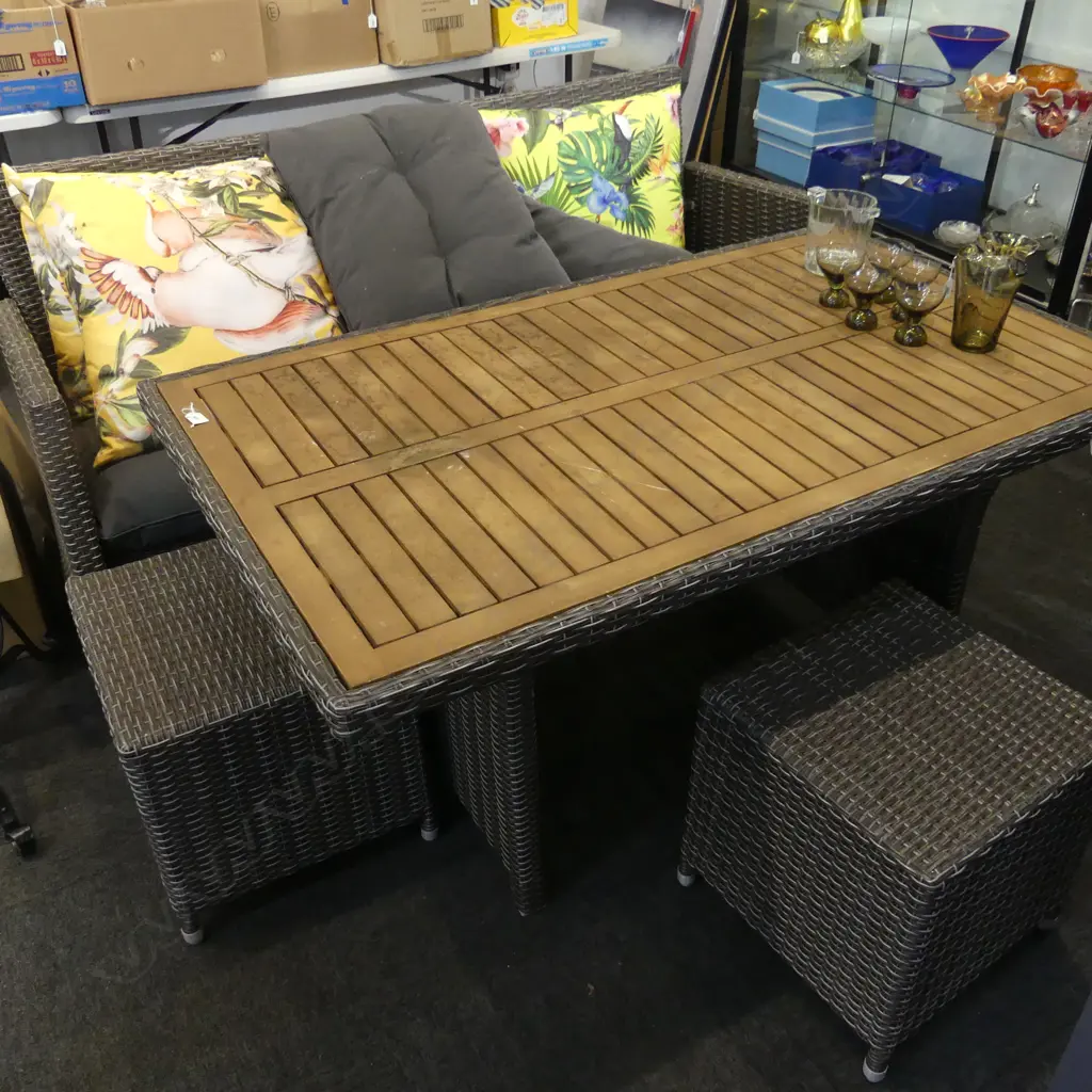 4 piece outdoor patio suite, woven plastic cane, 3 seater,  table & 2 stools. With loose cushions Image 1++