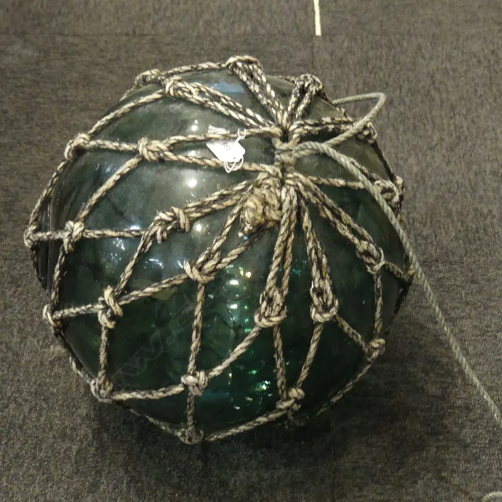 OLD GLASS FISHING FLOAT WITH NETTING hand blown APPROX. Dia.400mm Image 1++