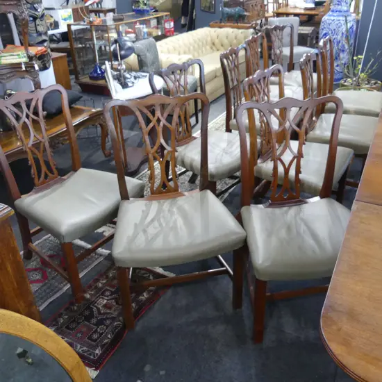 10 CHIPPENDALE STYLE DINING CHAIRS w. LEATHER SEATS...