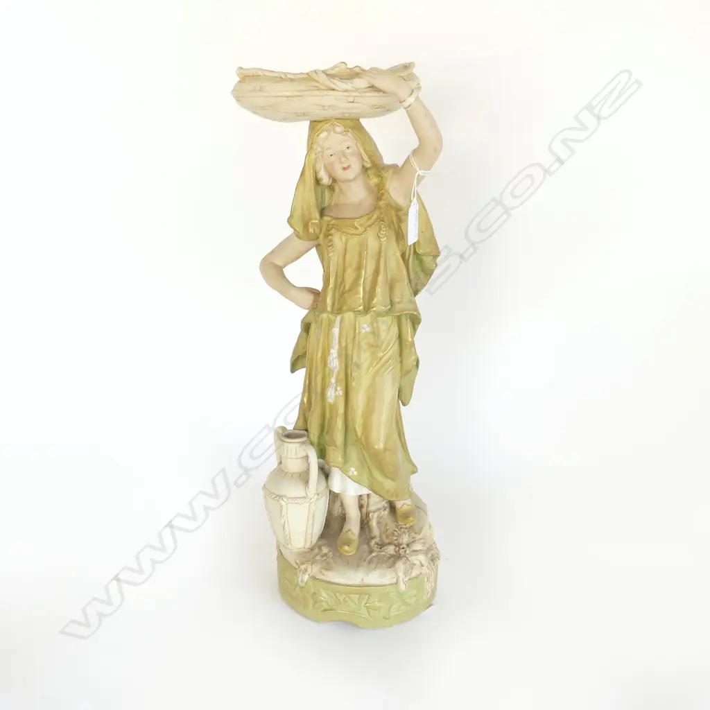LGE ROYAL DUX FIGURINE YOUNG WOMAN with basket to her head & amphora at her feet H.475mm. #651 pink triangle Image 1++
