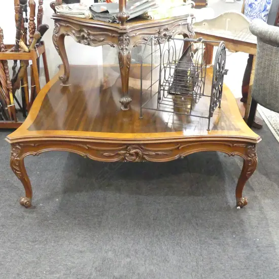 Large exotic walnut coffee table, carved frieze cross-banded  By J. Micheloudakis AUCKLAND 1993 1265 x 1265 x 455mm