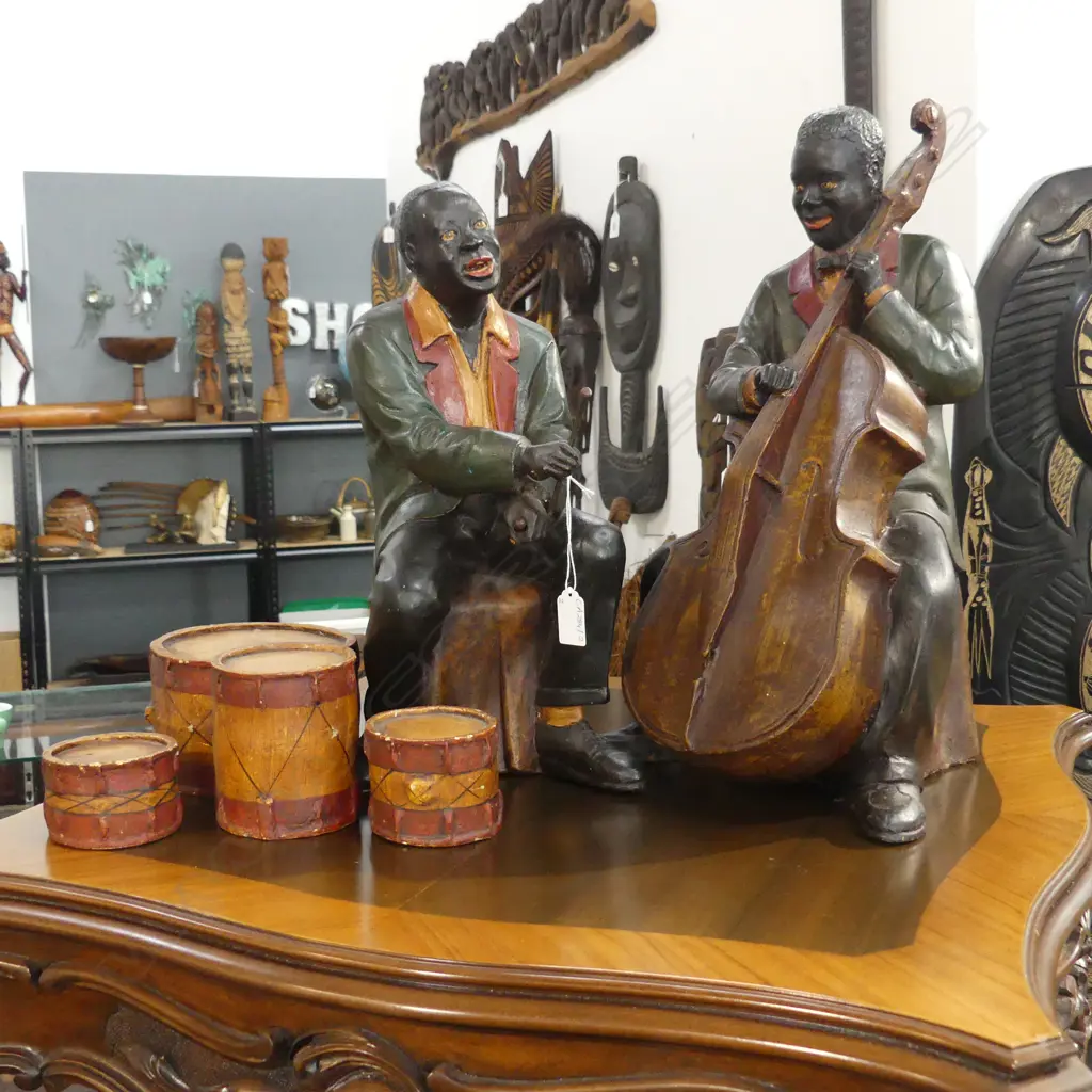2 RESIN JAZZ MUSICIANS; DRUMMER & CELLIST H.460mm Image 1++