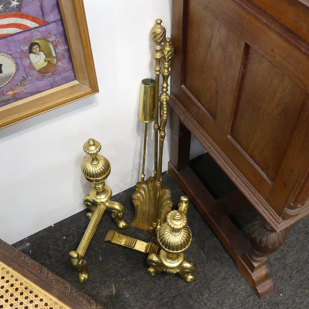 PR POLISHED BRASS FIRE DOGS H.460mm + 3 FIRE TOOLS Image 1++