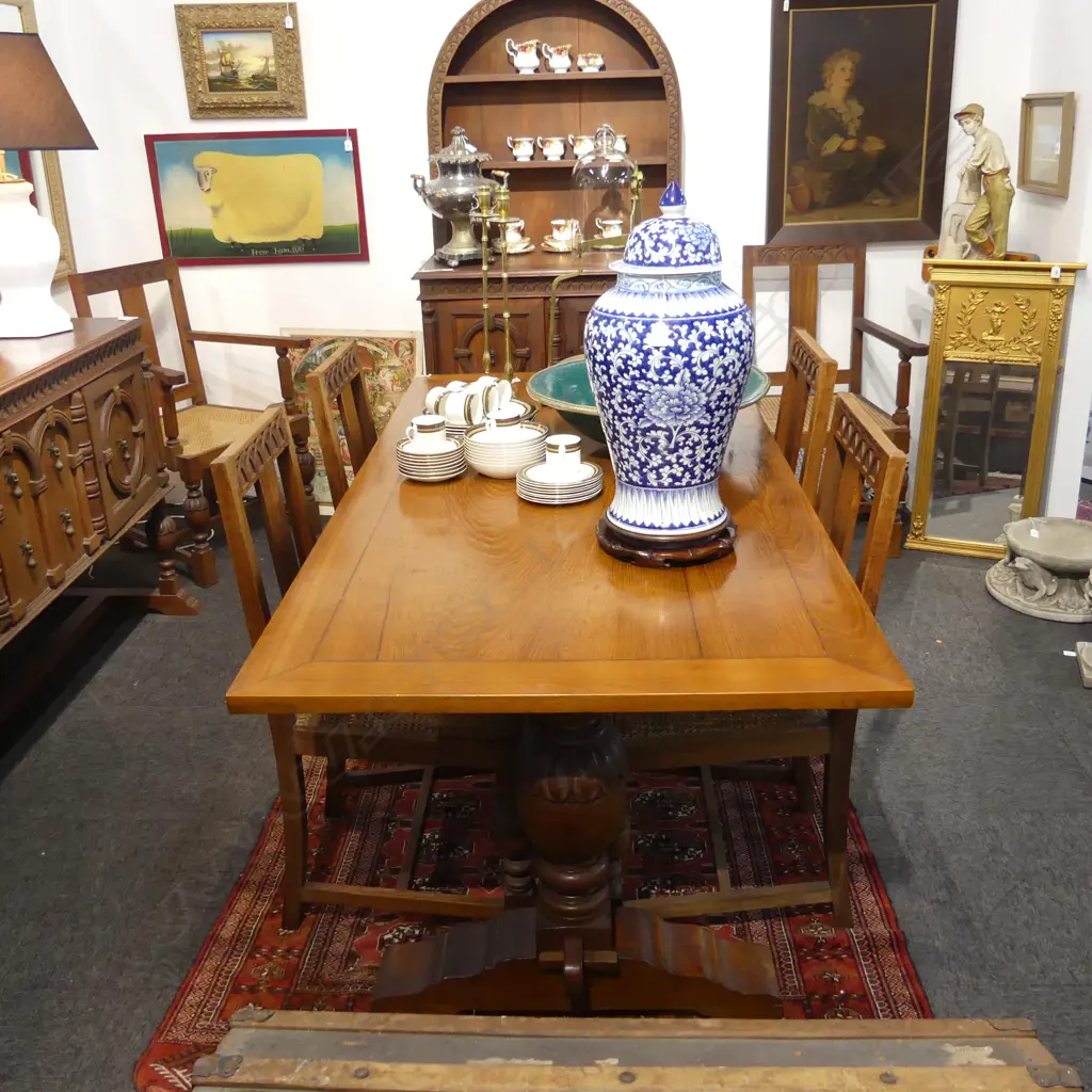 TEAK DINING TABLE & 6 CHAIRS (CANED SEATS, 2 ARE CARVERS) 1825x910x750mm Image 1++