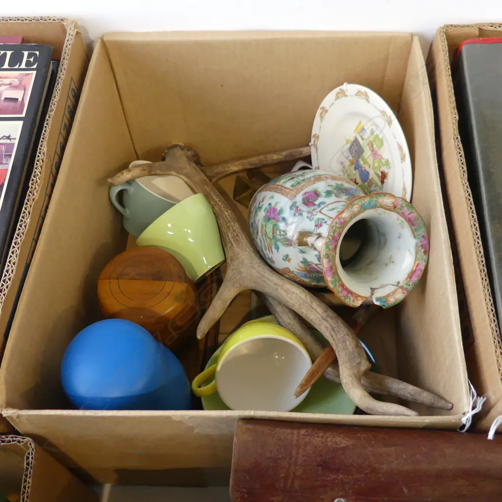 CROWN LYNN COLOUR GLAZE CUPS & SAUCERS, FAMILLE ROSE VASE AF, PR ANTLERS ETC Image 1++