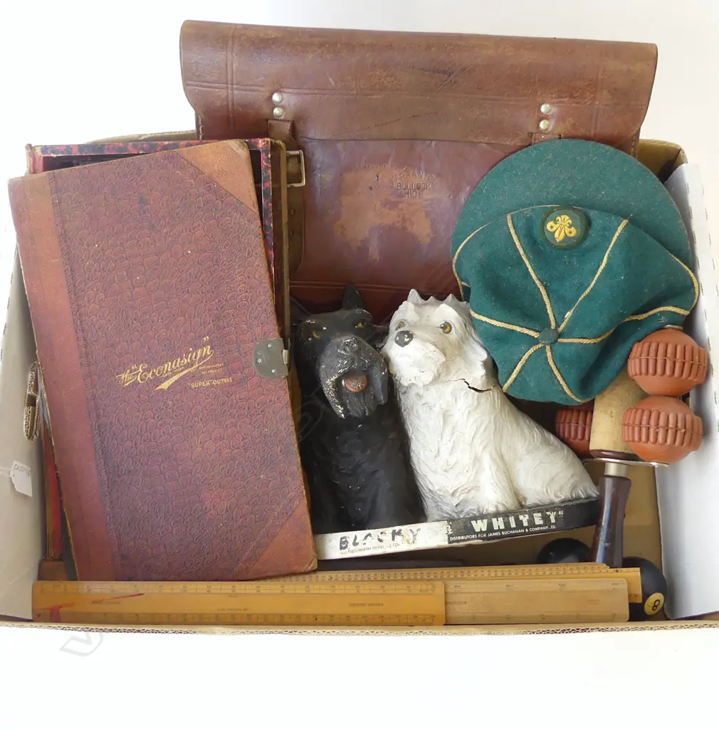 BOX – SCOUTS CAP, ECONASIGN STENCIL SET, WHISKY STAND, LEATHER SATCHEL, ‘8’ BALLS, RULERS, MAHOGANY RULER BOX, MASSAGER Image 1++