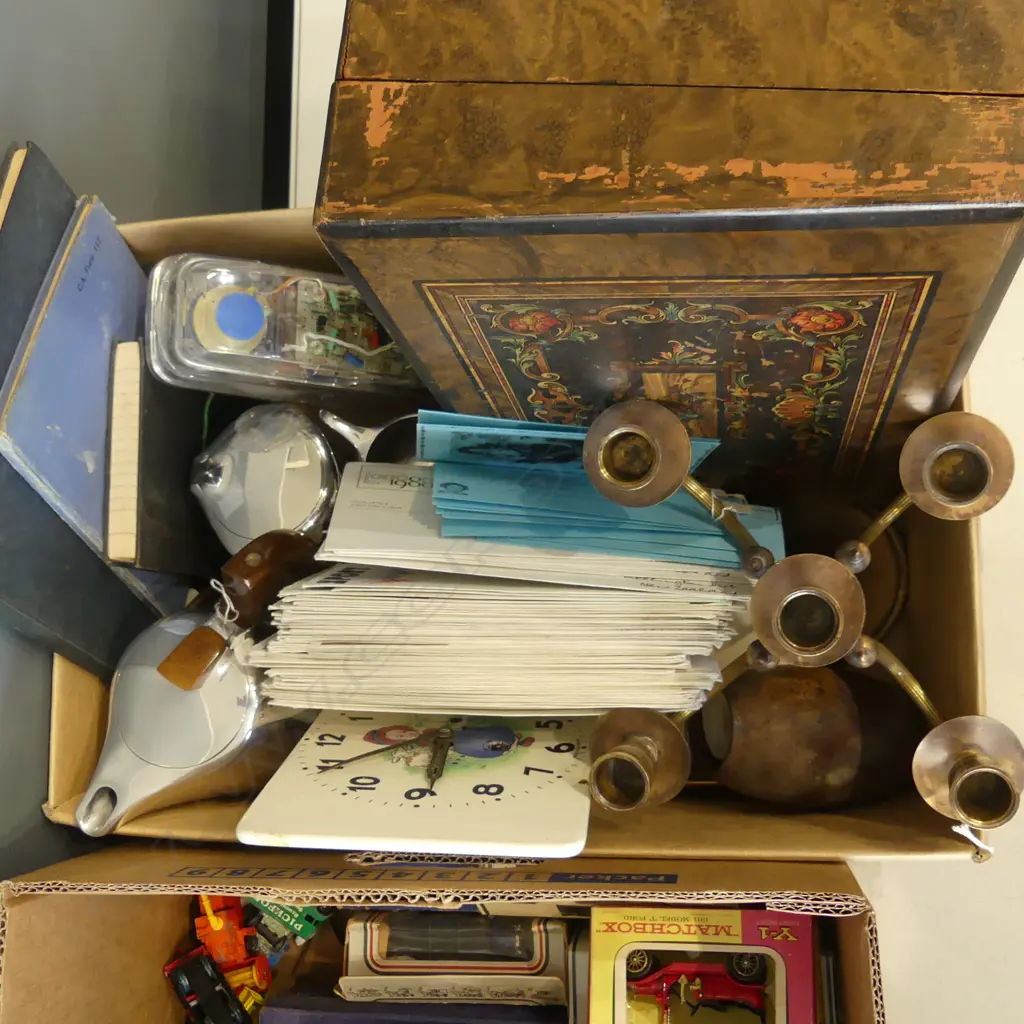 ASST. ITEMS; TRANSPARENT TELEPHONE, 2 GERMAN CLOCKS, CUTLERY, WRITING SLOPE, FIRST DAY COVERS, PILOTS LOG ETC Image 1++