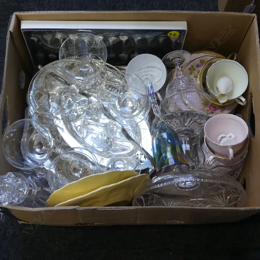 SILVER PLATE TRAYS, CRYSTAL COMPORT & JUG, TEA SET, CHINA ETC Image 1++