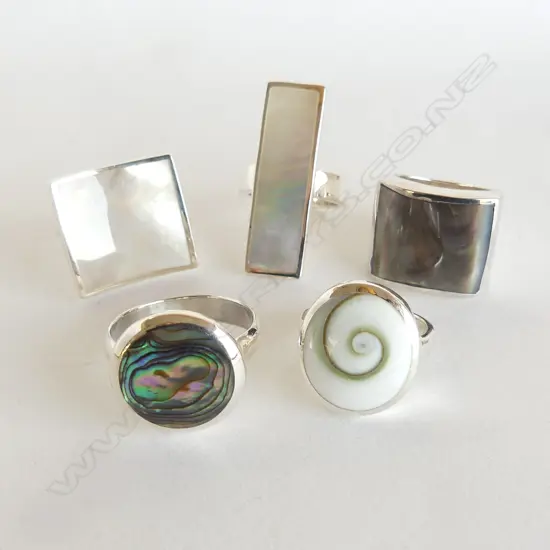 5 SILVER PAUA & MOP SET RINGS, NEW, VARIOUS SIZES