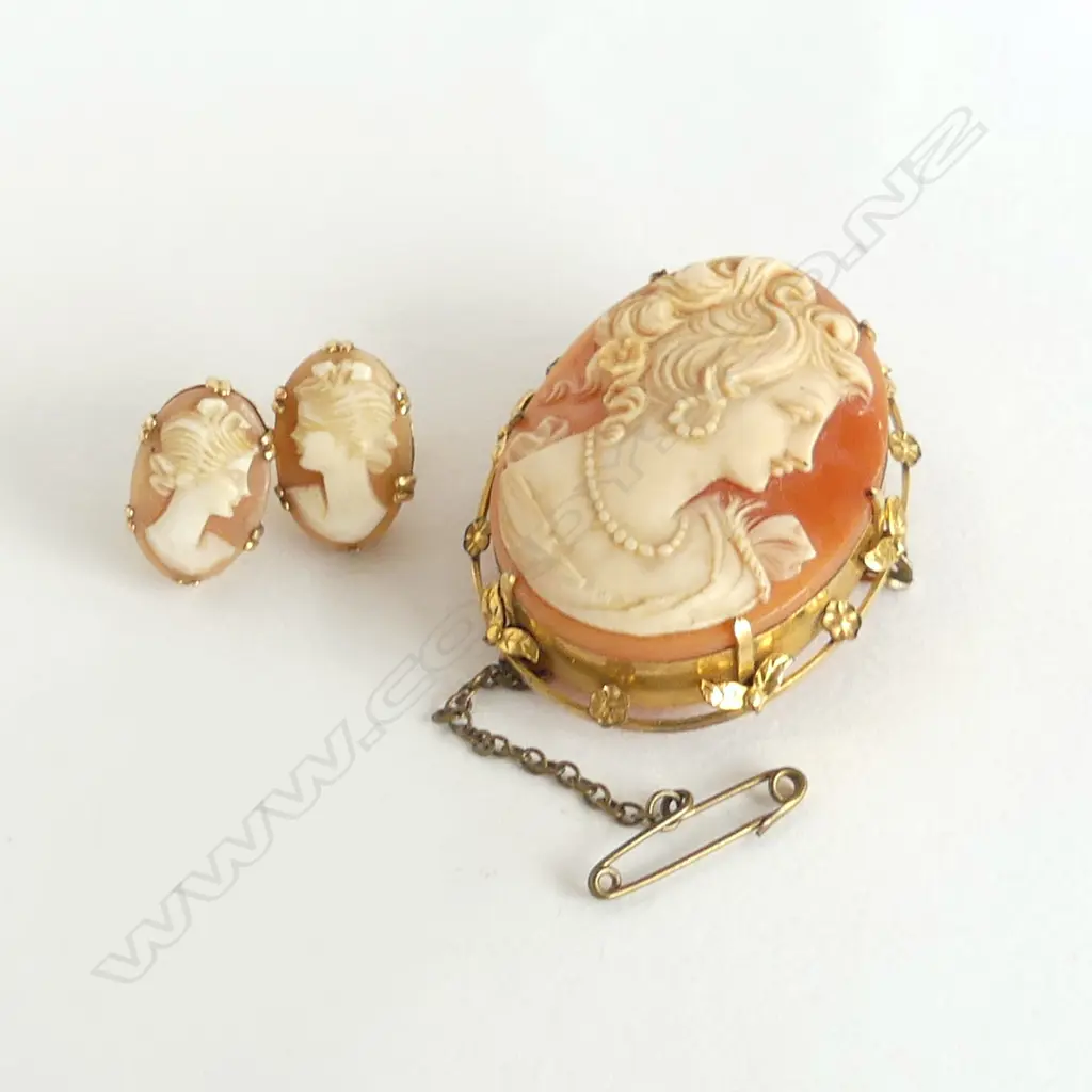 9CT LINED CAMEO 40x35mm + PR 9CT EARRINGS Image 1++