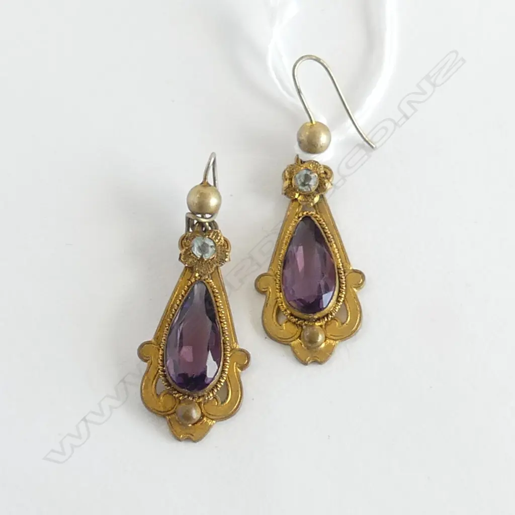 PAIR ANTIQUE PINCHBECK? PURPLE/PALE BLUE STONES IN EARRINGS,  L.45mm. 1 HOOK DAMAGED Image 1++