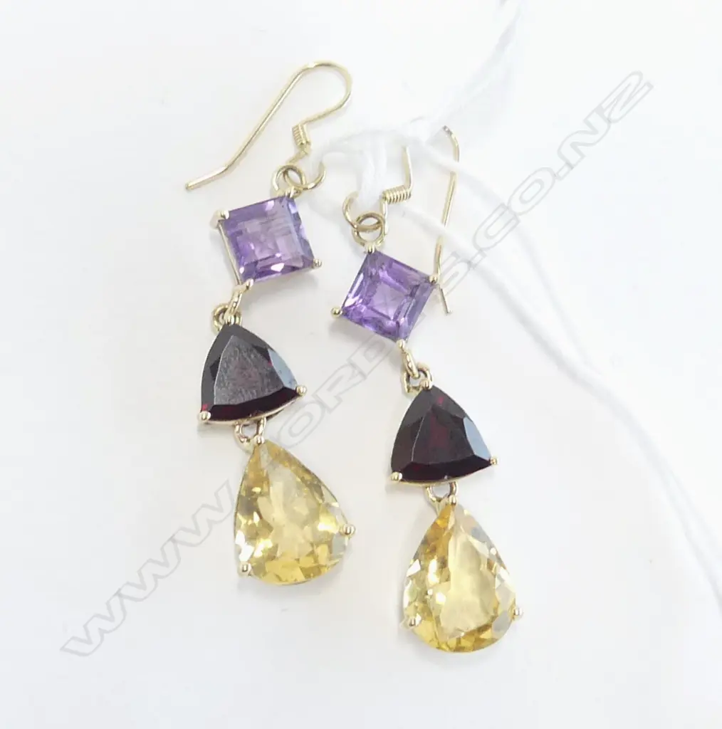 **RTV** 14ct GOLD & GEMSTONE DROP EARRINGS, AMETHYST, GARNET, CITRINE Image 1++