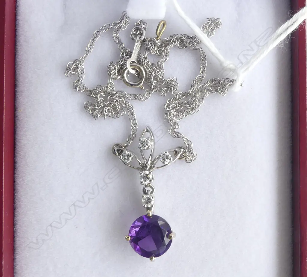 14CT WHITE GOLD & DIAMOND/AMETHYST PENDENT  42CM LONG Image 1++