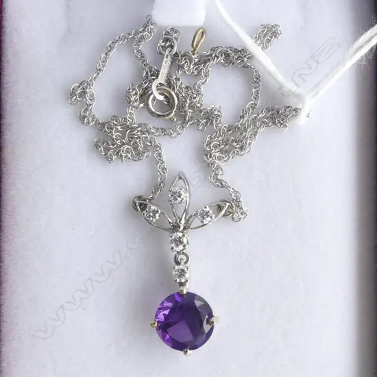 14CT WHITE GOLD & DIAMOND/AMETHYST PENDENT  42CM LONG