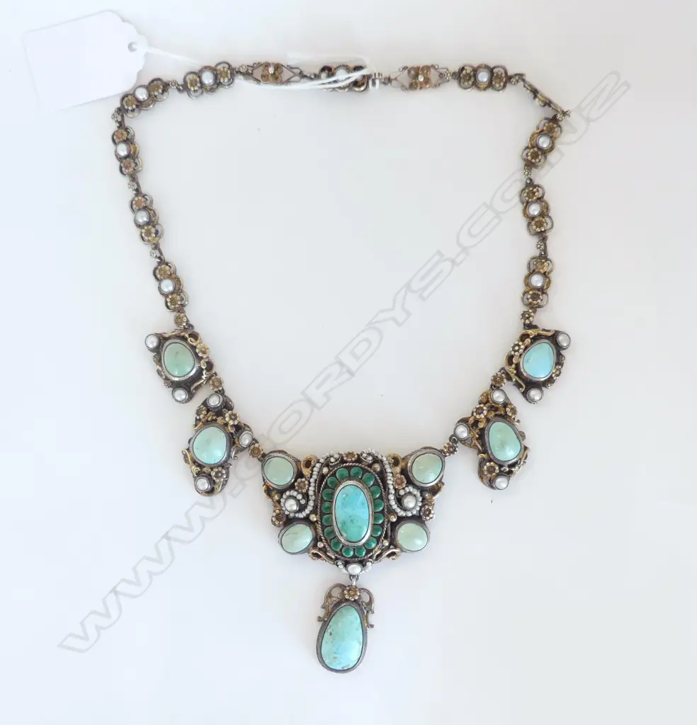 AUSTRO HUNGARIAN 835 SILVER TURQUOISE & NATURAL PEARLS NECKLACE 1880S TO 1910  Image 1++
