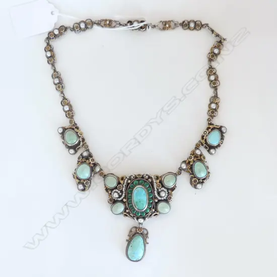 AUSTRO HUNGARIAN 835 SILVER TURQUOISE & NATURAL PEARLS NECKLACE 1880S TO 1910 
