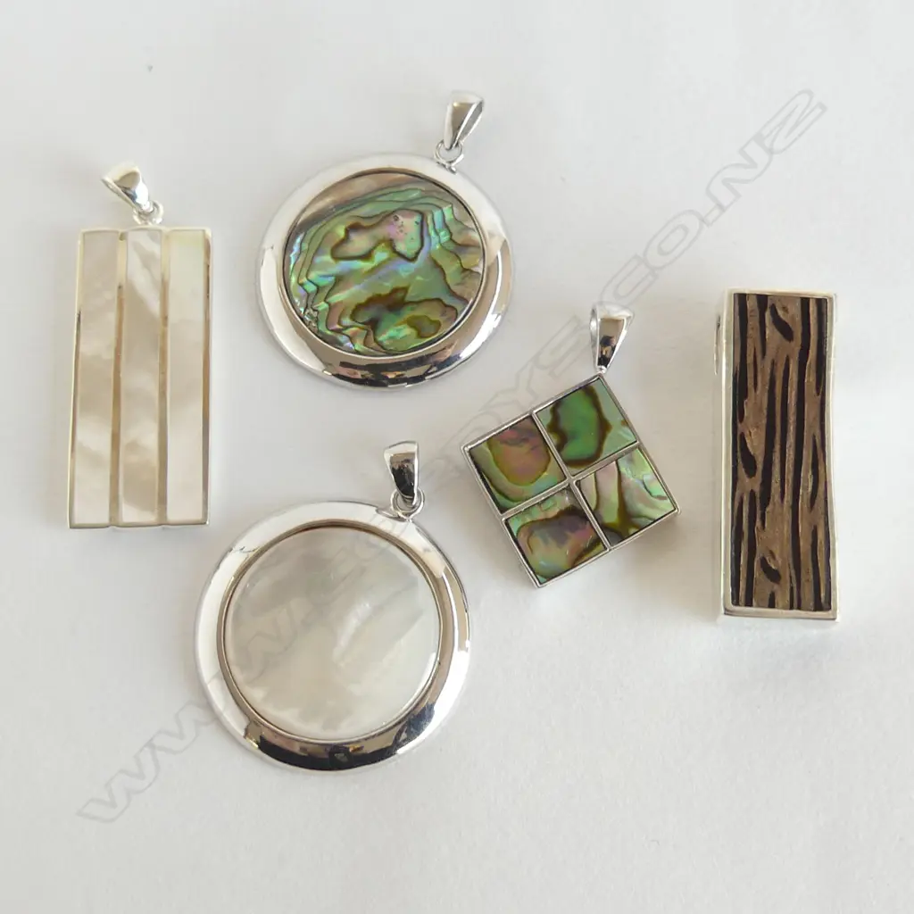 5 SILVER SET PENDANTS, MOP PAUA ETC, NEW Image 1++