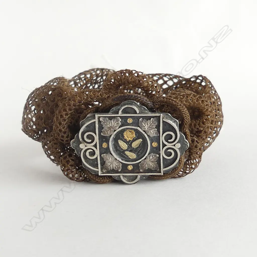 VICTORIAN WOVEN HAIR BRACELET w. SILVER & GOLD PANEL Image 1++