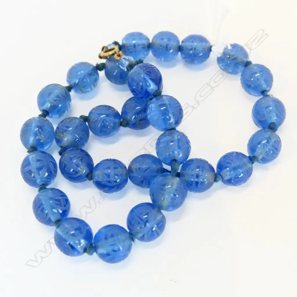 ANTIQUE CZECH BLUE GLASS BEAD NECKLACE L.410mm Image 1++