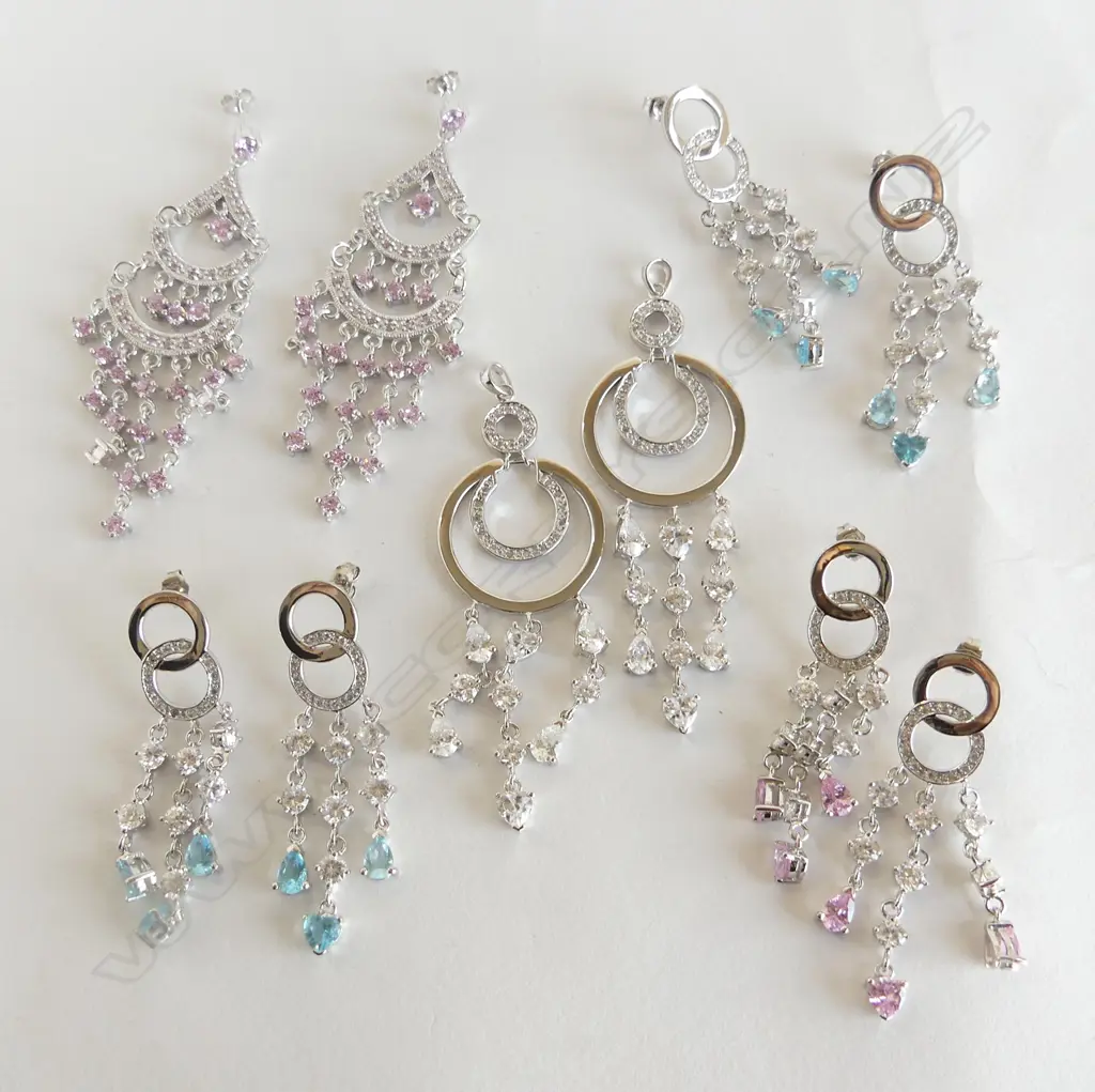 4 PRS SILVER & CZ CHANDALIER EARRINGS & 2 SILVER/CZ PENDANTS, NEW Image 1++
