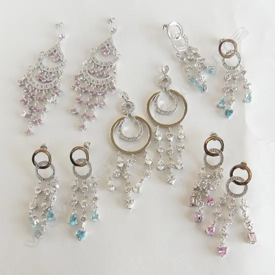 4 PRS SILVER & CZ CHANDALIER EARRINGS & 2 SILVER/CZ PENDANTS, NEW