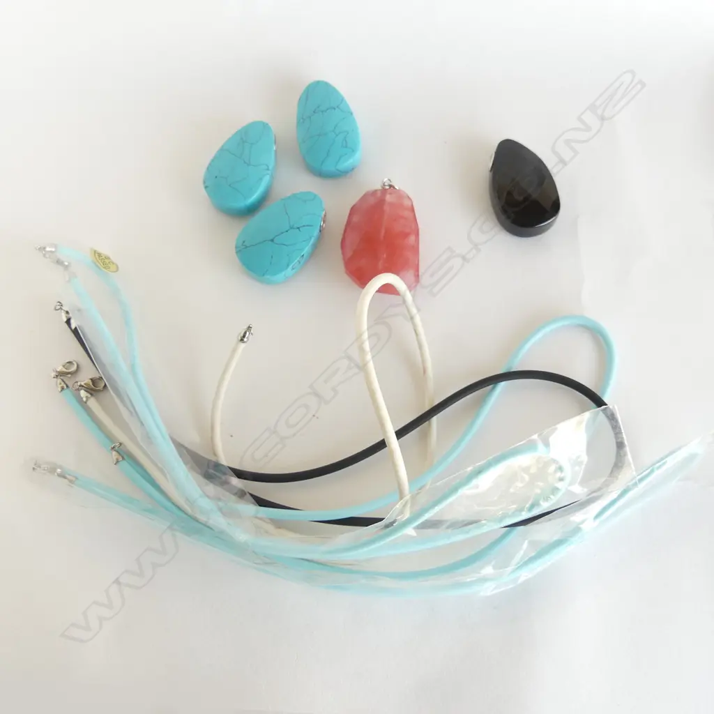 5 SILVER MOUNTED COLOURED PENDANTS w CORDS Image 1++