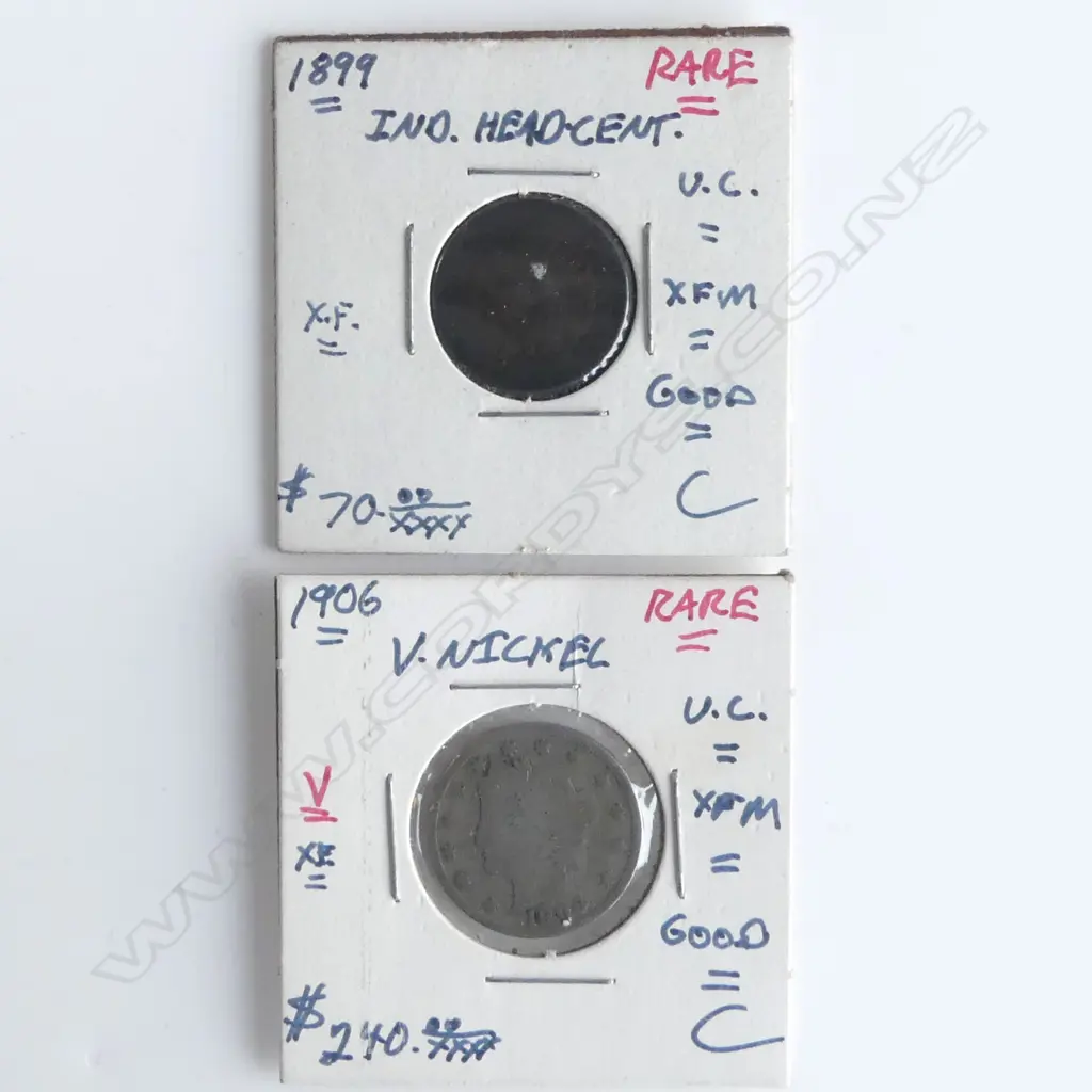 2 OLD AMERICAN COINS: 'rare' 1906 V. NICKEL + 1899 IND. HEAD CENT Image 1++