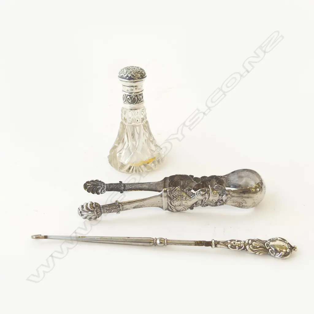 THREE SILVER ITEMS STERLING TOPPED PERFUME H.100mm TONGS & STERLING BOOT HOOK L.90mm Image 1++