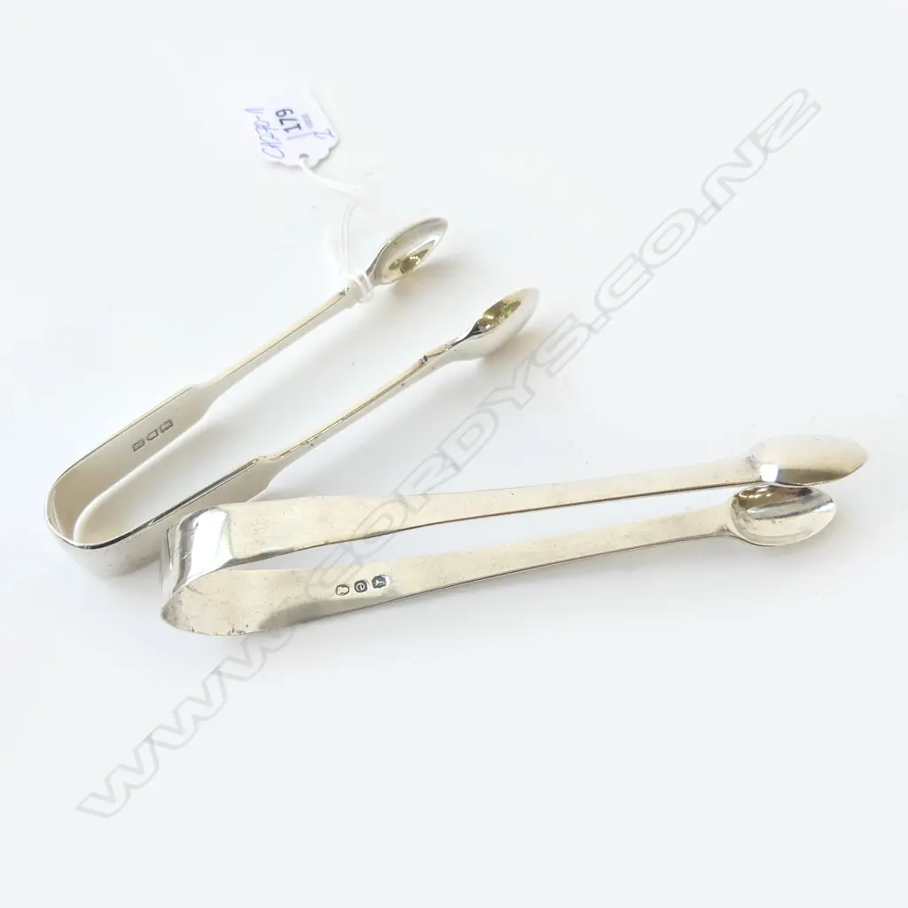 2 PRS SILVER SUGAR TONGS: GEORGE III London 1820 + 1905 75gms Image 1++