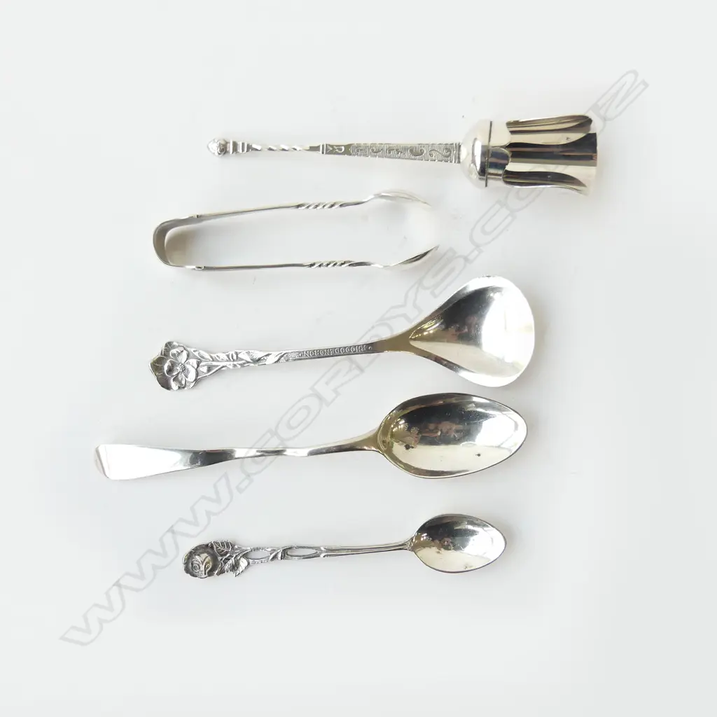 3 SILVER SPOONS + SILVER TONGS: 48gms+ s/plate sugar scoop Image 1++