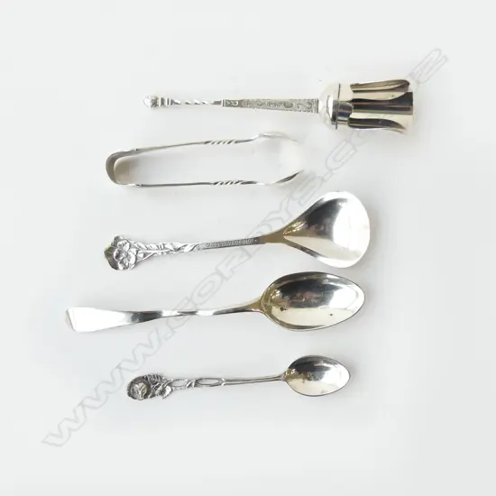 3 SILVER SPOONS + SILVER TONGS: 48gms+ s/plate sugar scoop