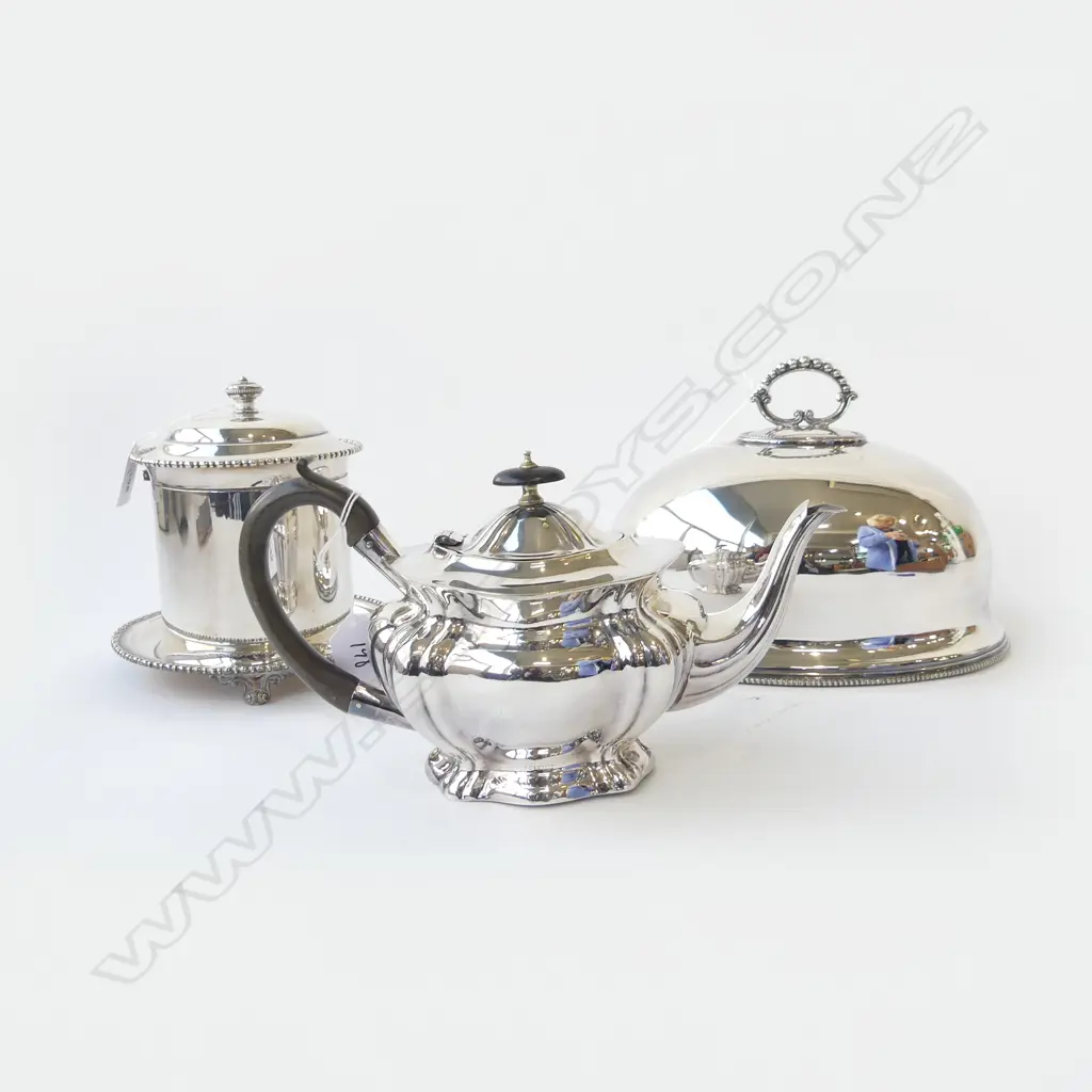 3 PCES SILVER PLATE; FOOD DOME W.255mm, TEAPOT, BISCUIT BARREL H.160mm Image 1++