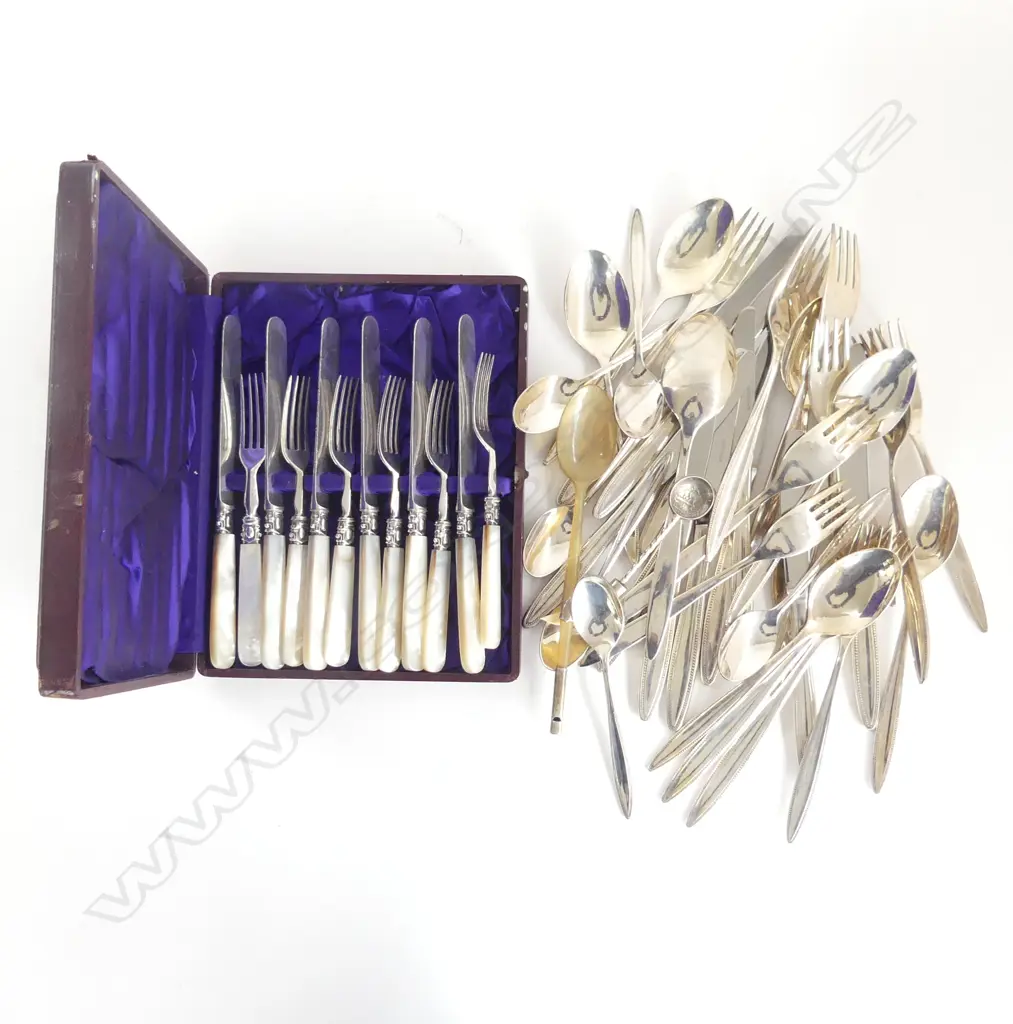 ASST. CUTLERY; GROSVENOR, CASED 12 PCE MoP FRUIT SET, 2 SPOONS Image 1++