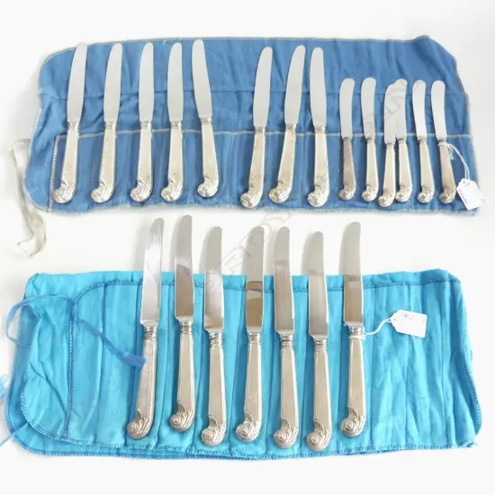 SET 15 CANADIAN BIRK'S STERLING PISTOL TYPE GRIP HANDLED KNIVES stainless blades & 6 BUTTER KNIVES SAME