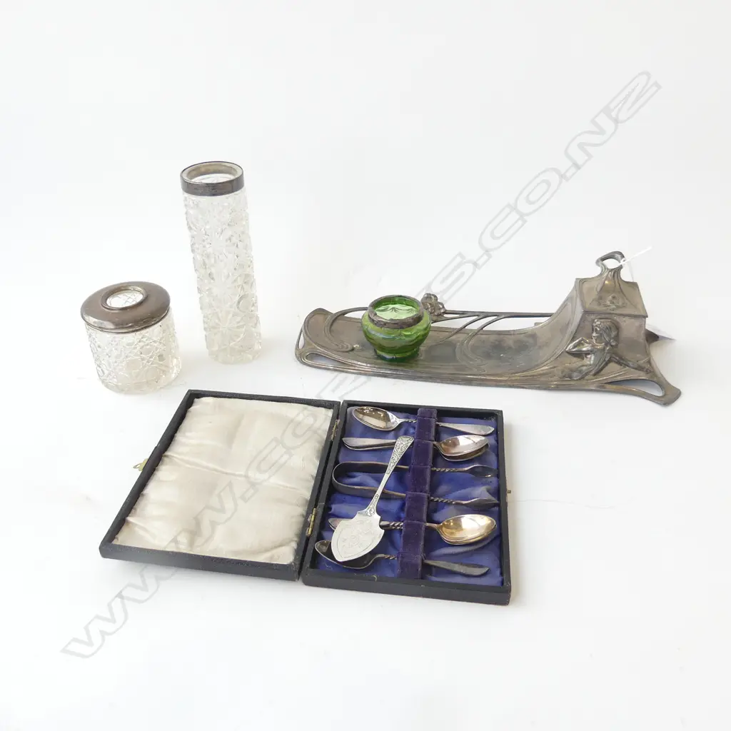 WMF ART NOUVEAU INKWELL W.310mm, ASST. STG SILVER; 3 VASES, SET TEASPOONS Image 1++