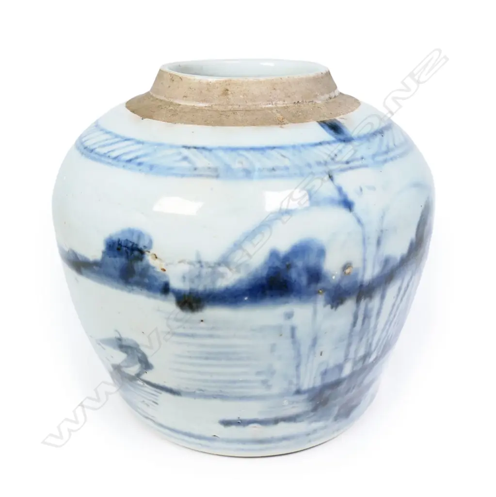 ANTIQUE CHINESE B/W GINGER JAR PAINTED BOATMEN NO LID H155MM Image 1++