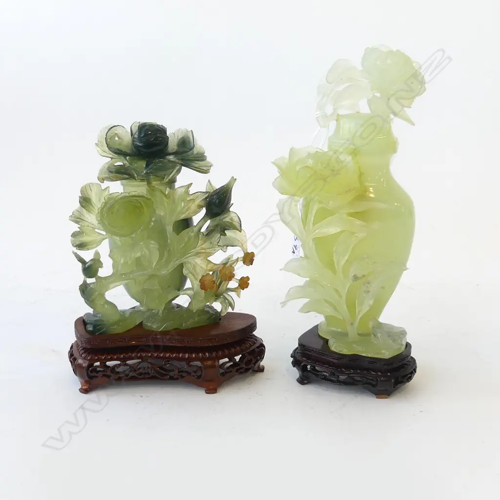2 CARVED JADE VASES ON STANDS (TALLEST w. REPAIRS) H.230mm Image 1++