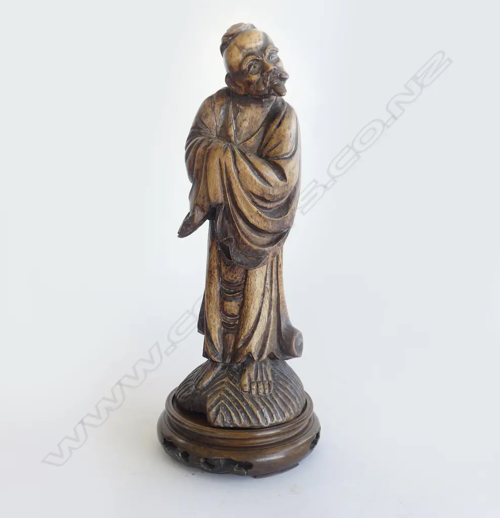 CARVED WOODEN ORIENTAL FIGURE ON STAND H.270mm Image 1++
