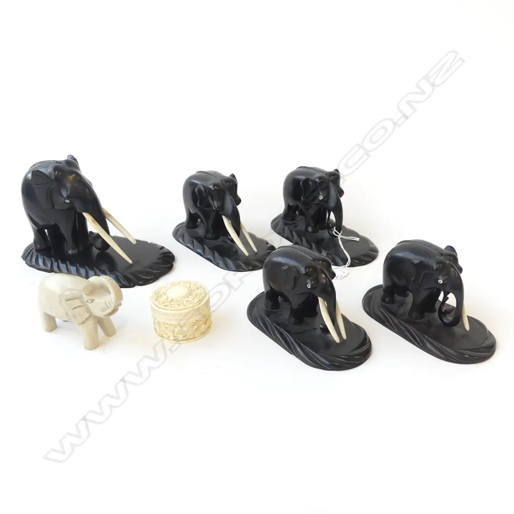 6 CARVED ELEPHANTS; 5 EBONY, 1 STONE H.115mm + SMALL IVORY LIDDED CONTAINER 50mm dia Image 1++