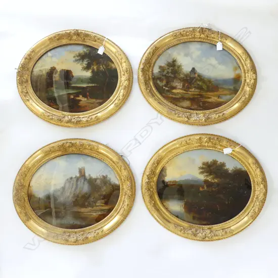 QUARTET VICTORIAN PASTORAL SCENES IN ORNATE GILT FRAMES, OIL on REVERSE GLASS, H.330mm x 400mm