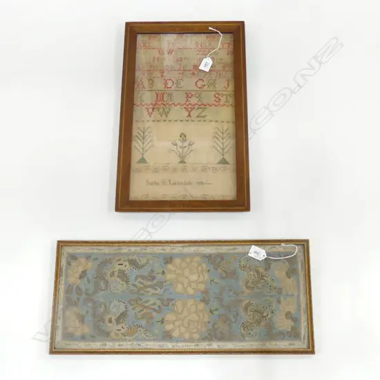 FRAMED ALPHABET 1838 SAMPLER BY SOPHIA H LIDDERDALE 290X490mm & WOVEN FRAMED CHINESE? TAPESTRY 240X540mm
