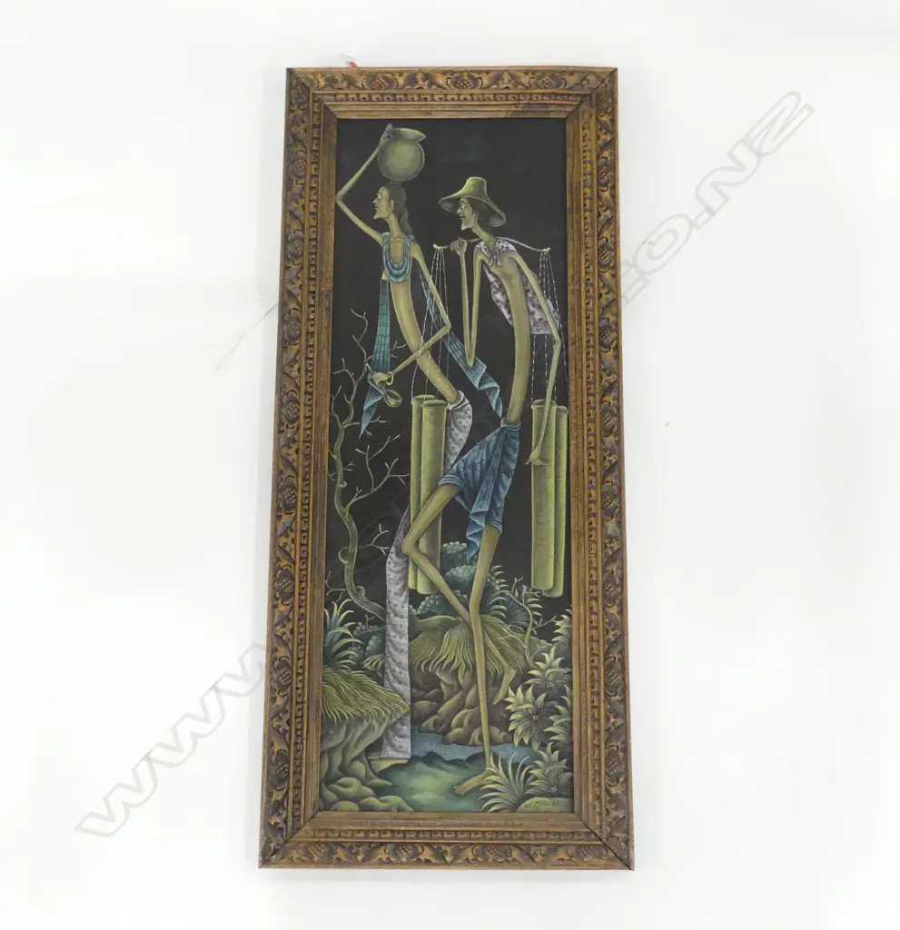 CARVED WOODEN FRAMED CANVAS OF STYLISED MALE & FEMALE CARRYING WATER. L.850MM W.370MM Image 1++