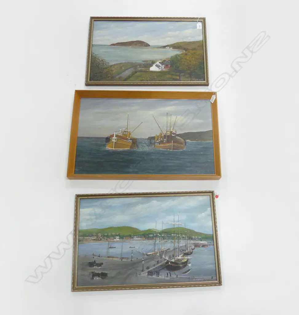 THREE NAIVE OIL ON BOARD WORKS BY C MCKILLOP ONE OF CAMPBELTOWN HERRING BOATS 370X600mm TWO OTHERS PORT SCENES BOTH 335X Image 1++
